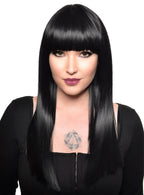 Long Straight Black Deluxe Heat Resistant Fashion Wig with Fringe - Front View