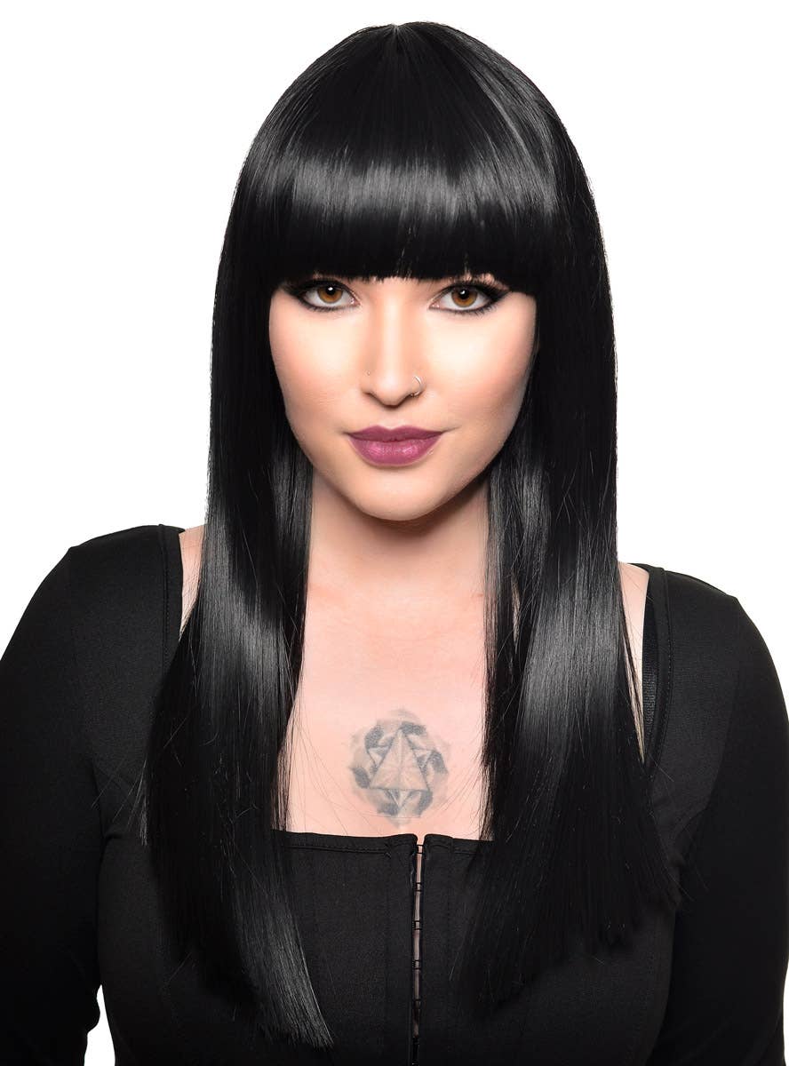 Long Straight Black Deluxe Heat Resistant Fashion Wig with Fringe - Front View