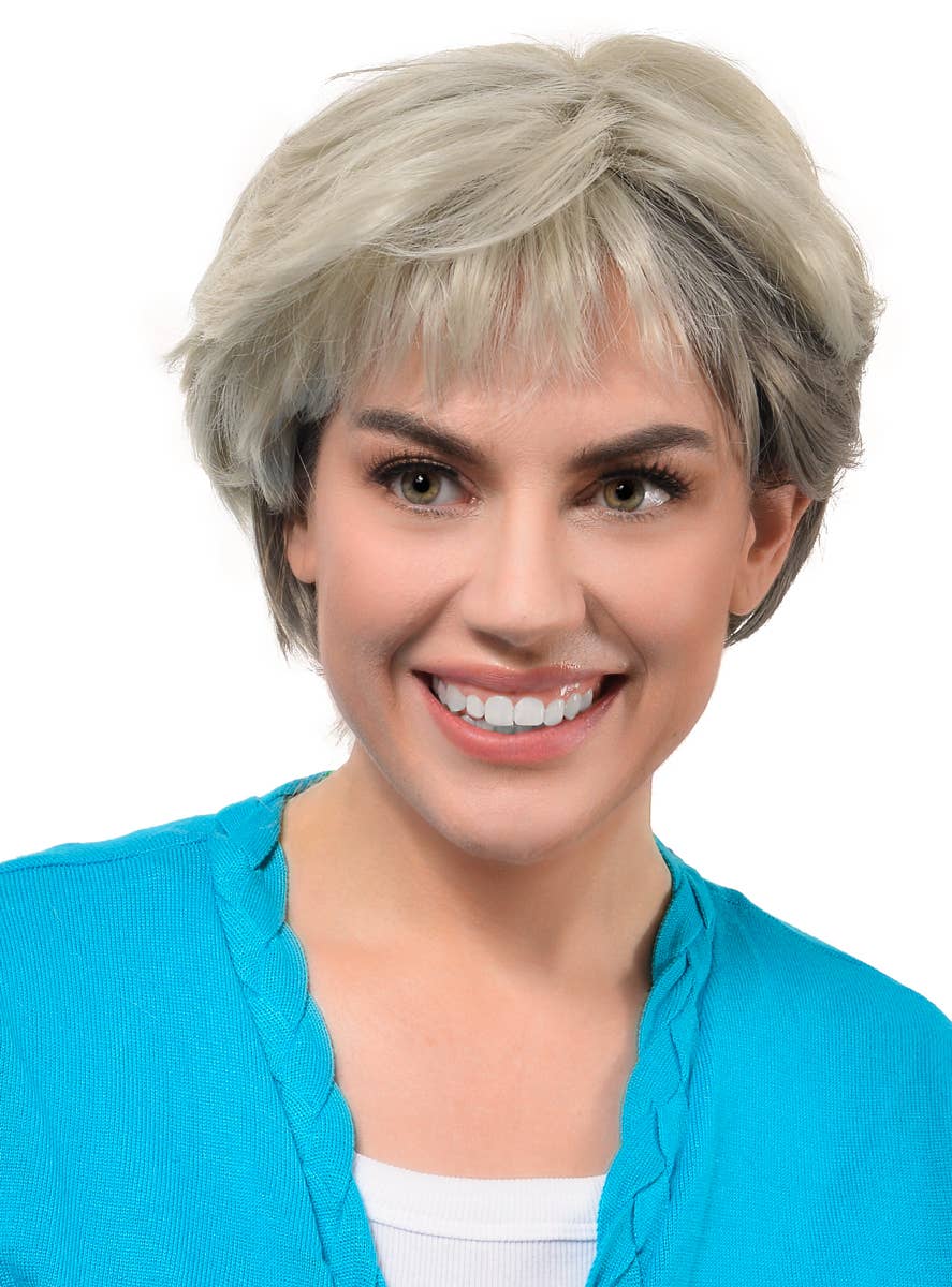Image of Deluxe Short Ash Blonde and Grey Blend Women's Costume Wig - Front View