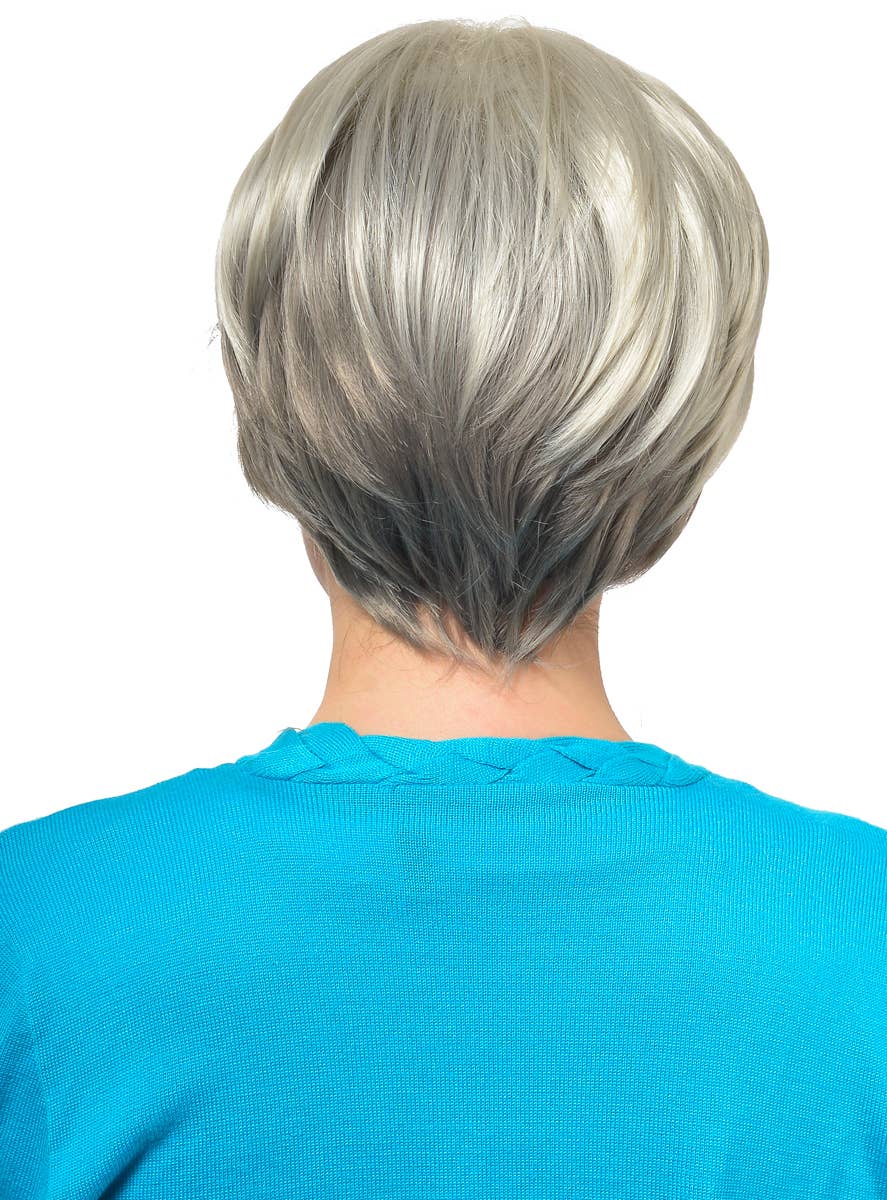 Image of Deluxe Short Ash Blonde and Grey Blend Women's Costume Wig - Back View