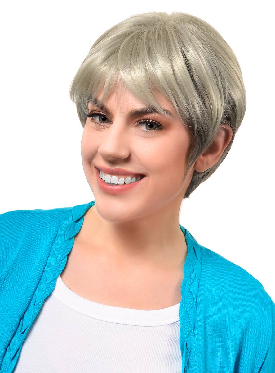 Image of Deluxe Short Ash Blonde and Grey Blend Women's Costume Wig - Alternate Front View
