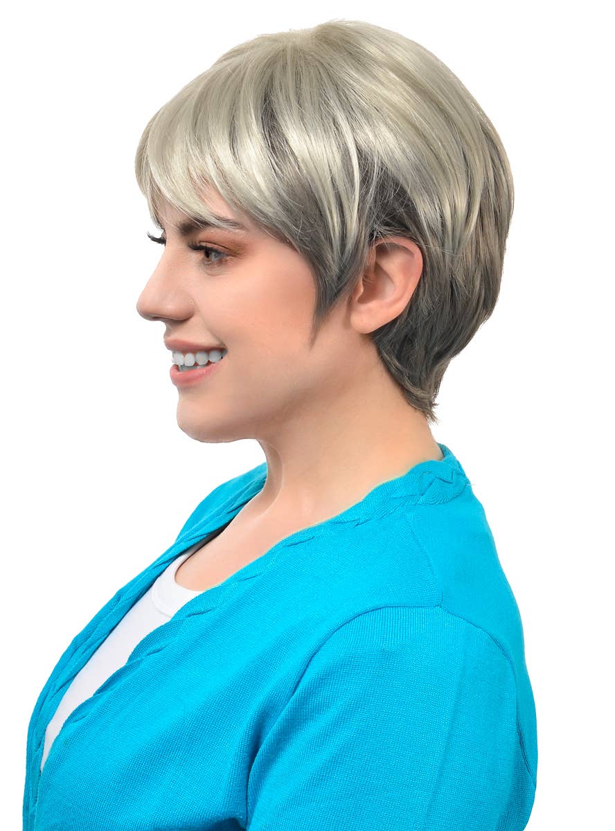 Image of Deluxe Short Ash Blonde and Grey Blend Women's Costume Wig - Side View