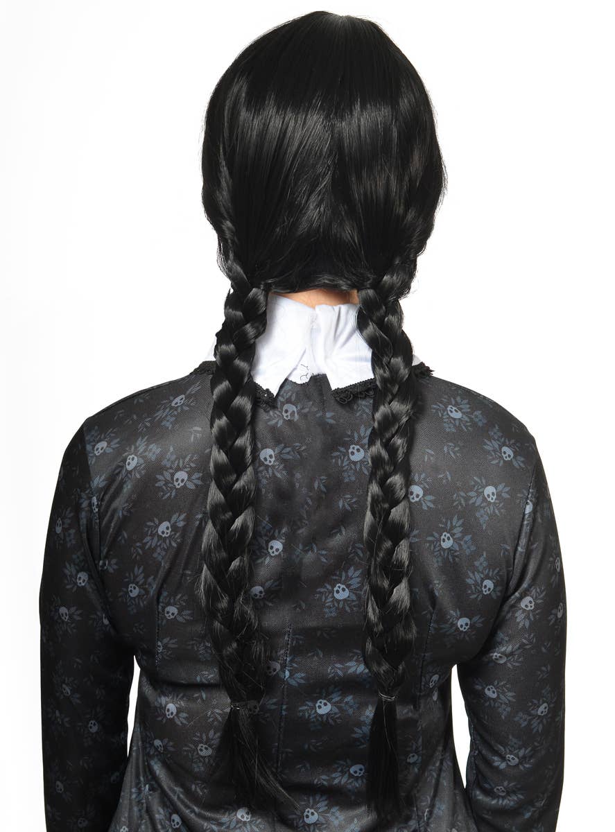Image of Wednesday Black Braided Women's Halloween Wig with Bangs - Back View (Before Rebraiding)