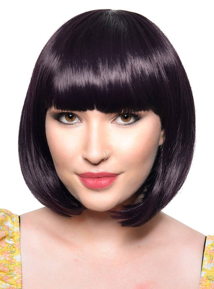 Short Violet Black Heat Resistant Bob Women's Costume Wig with Fringe - Front View