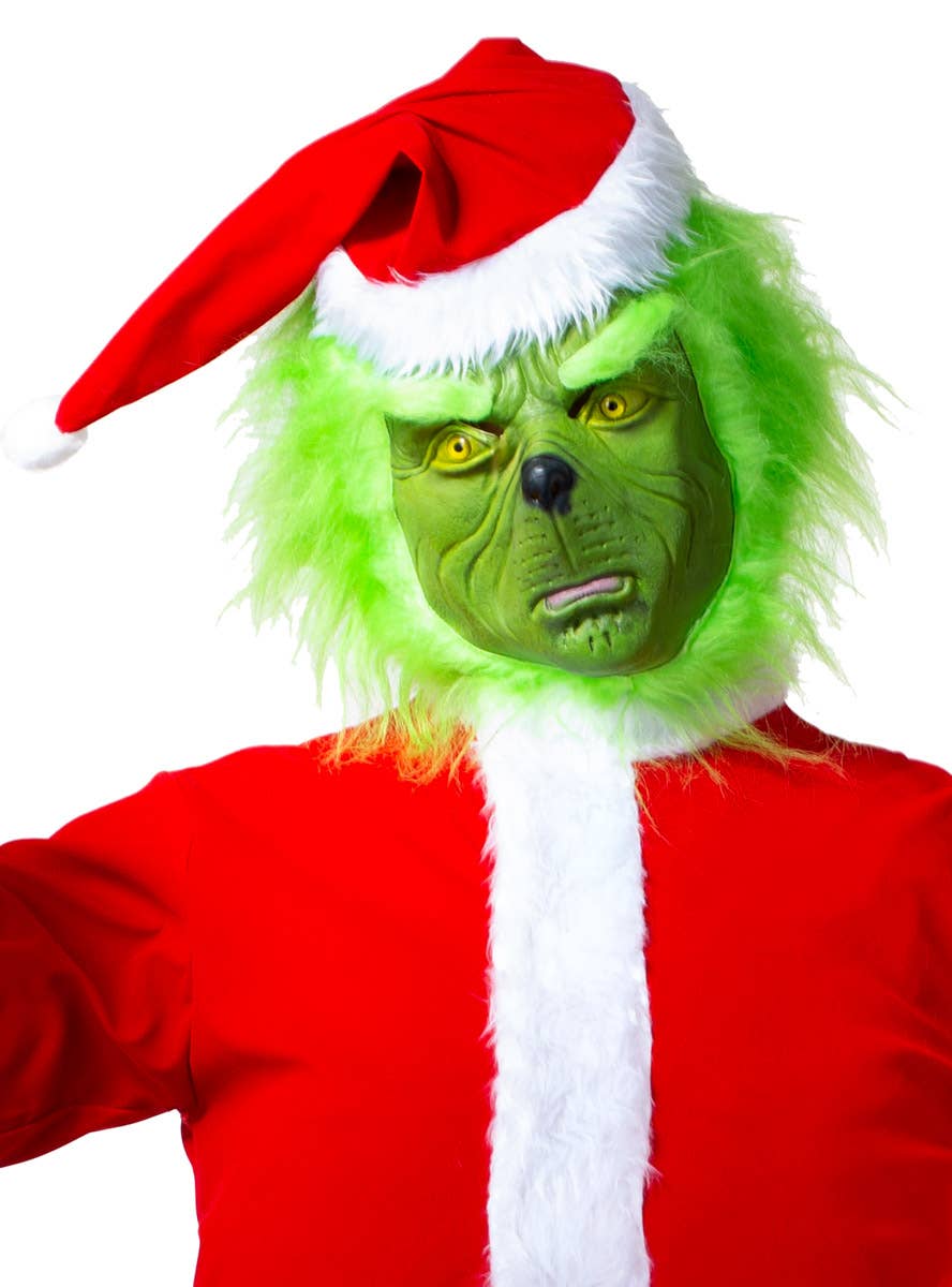 Image of Furry Green Latex Deluxe Grinch Costume Mask With Santa Hat - Alternative