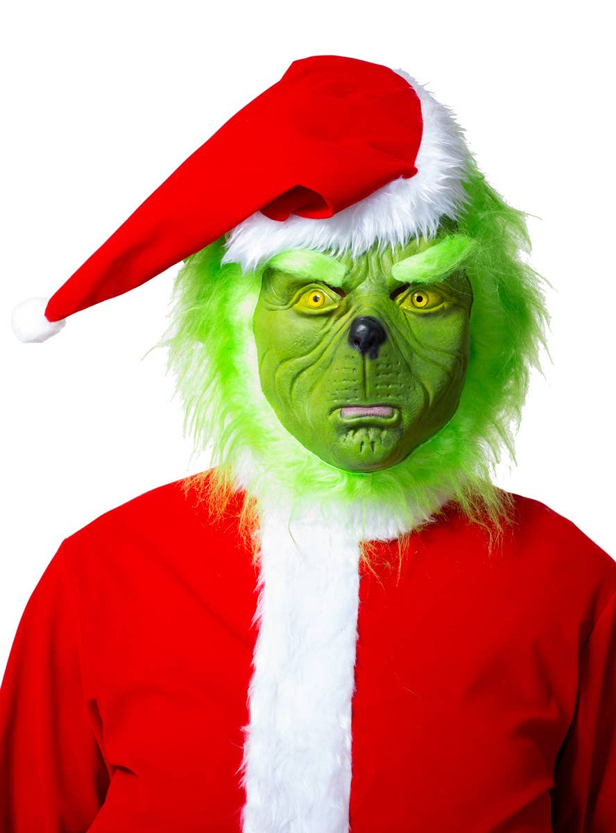 Image of Furry Green Latex Deluxe Grinch Costume Mask With Santa Hat