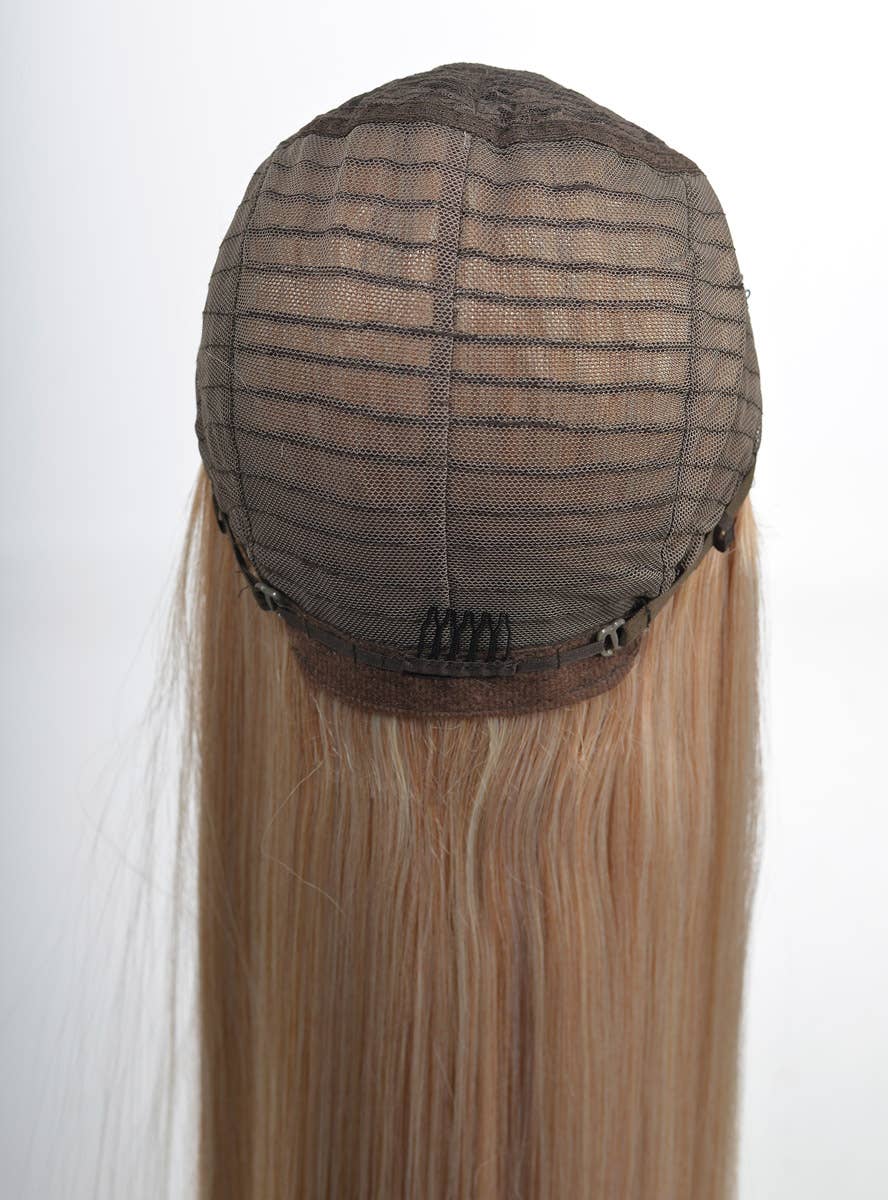 Women's Long Straight Blonde Mix Synthetic Fashion Wig with Dark Roots and Lace Parting - Wig Cap Back Image