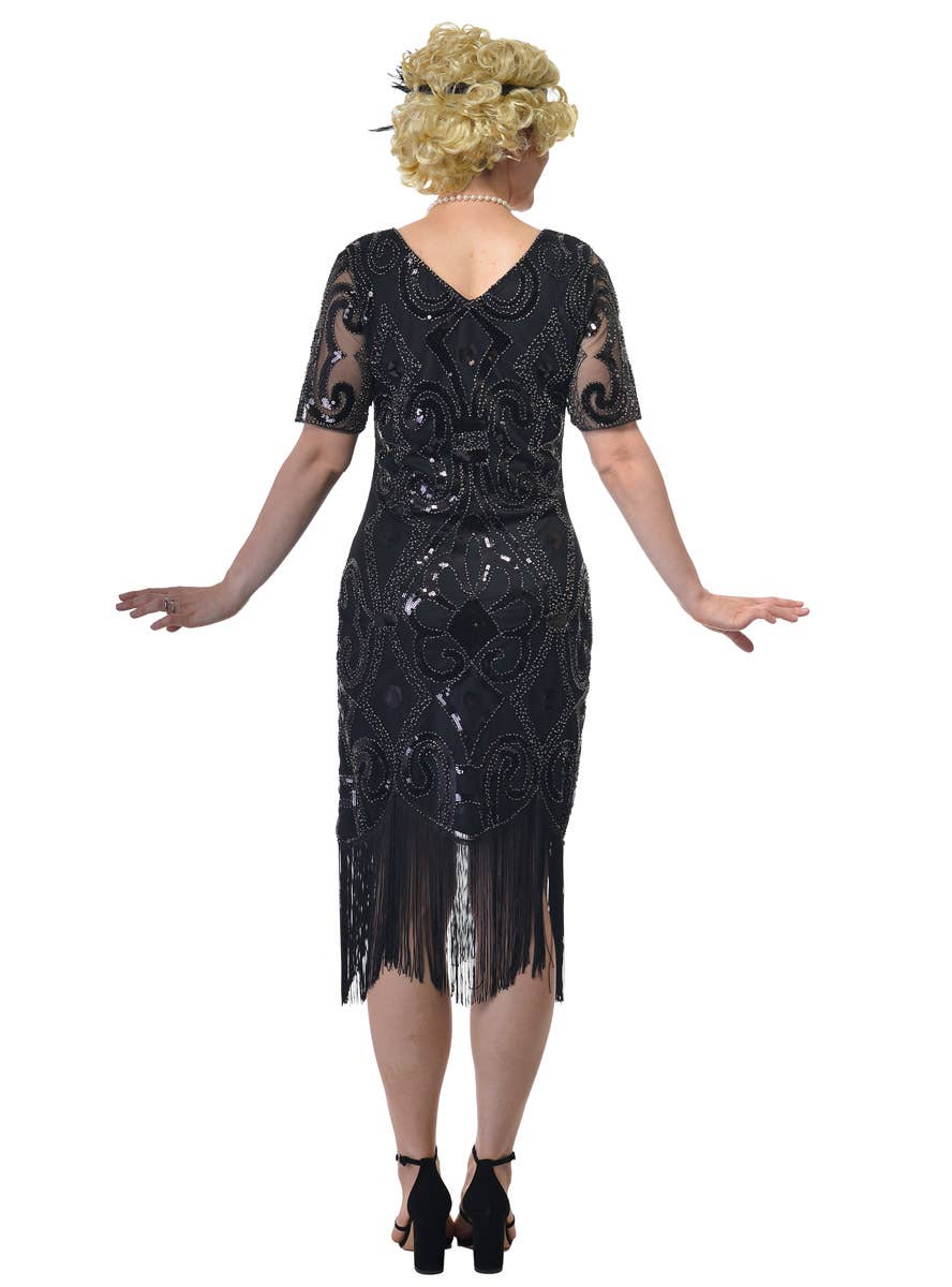 Womens Long Black Gatsby Flapper Dress with Short Mesh Sleeves and Sequins - Back Image