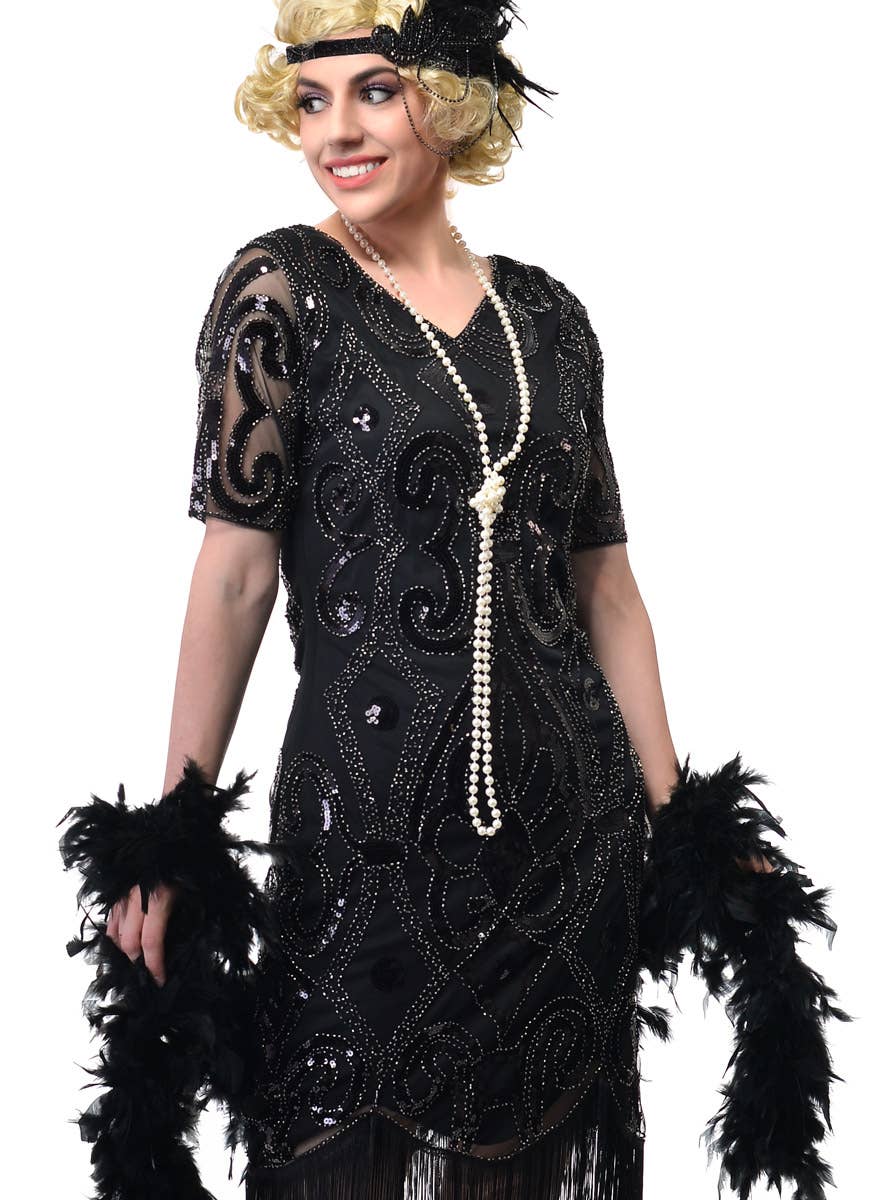 Womens Long Black Gatsby Flapper Dress with Short Mesh Sleeves and Sequins - Close Image