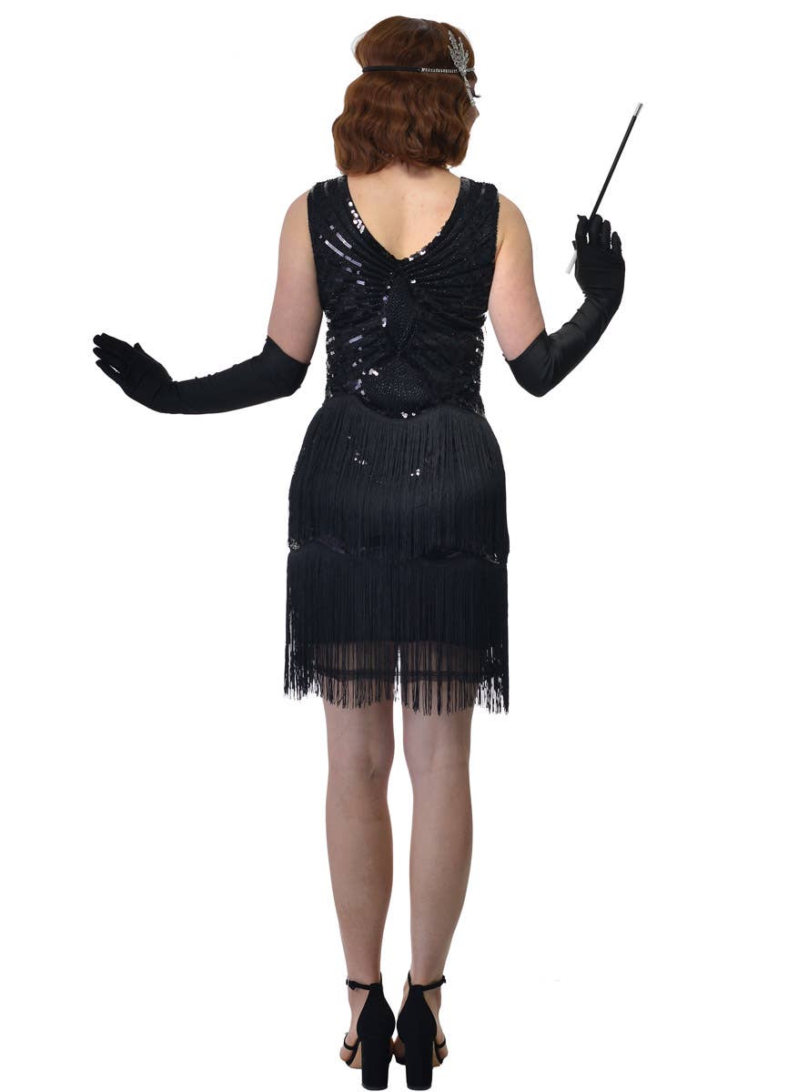 Womens Short Black Flapper Dress with Fringed Skirt and Black Sequins - Back Image