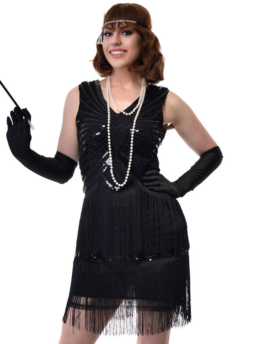 Womens Short Black Flapper Dress with Fringed Skirt and Black Sequins - Close Image