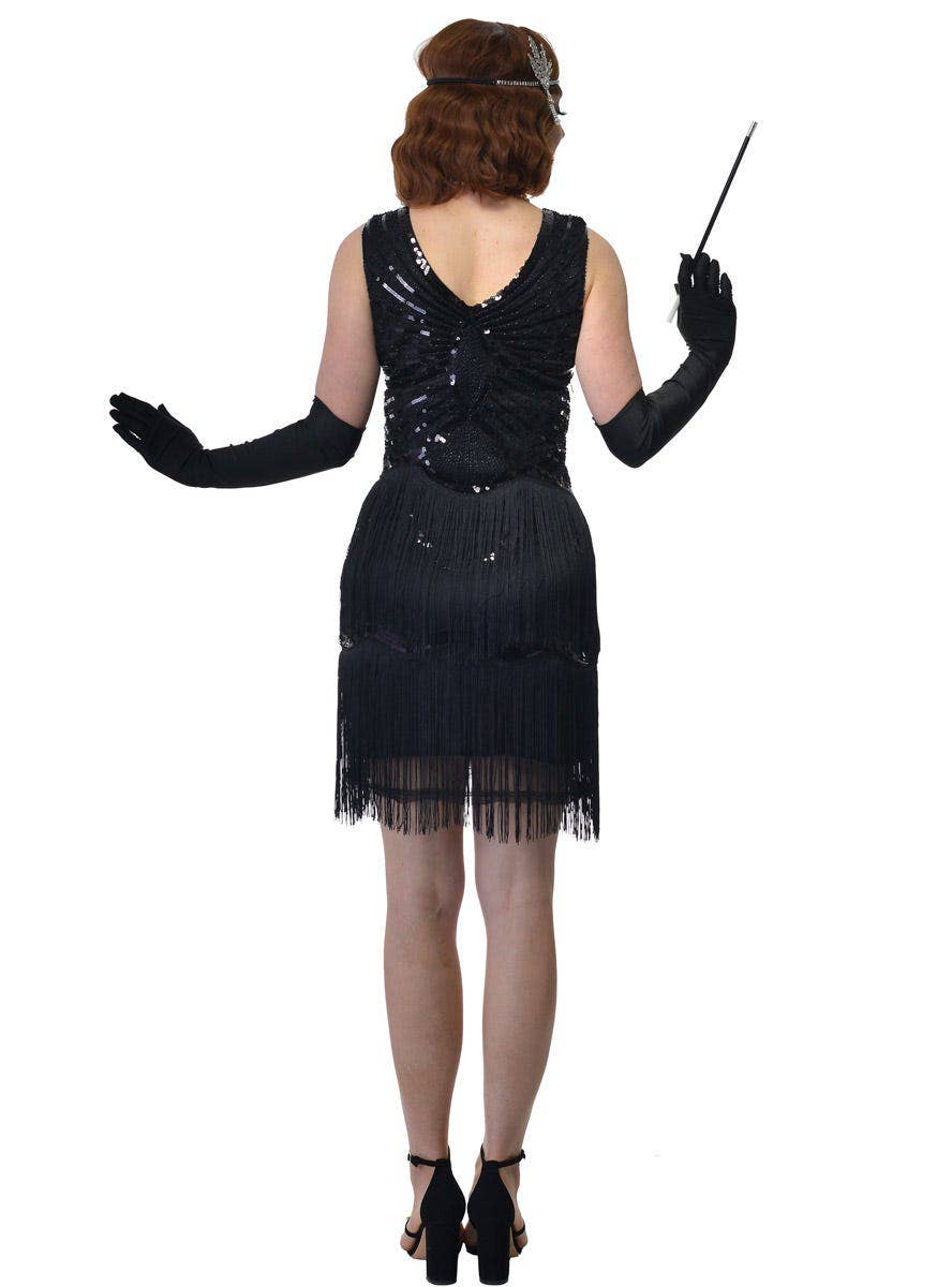 Plus Size Womens Short Black Flapper Dress with Fringed Skirt and Black Sequin - Back Image