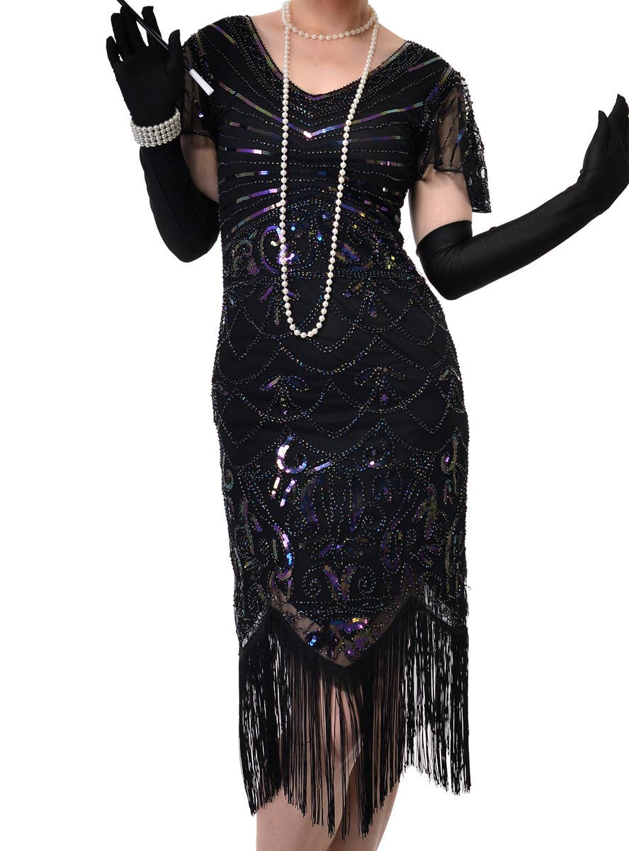 Womens Long Black Gatsby Flapper Dress with Shiny Iridescent Sequins, Cap Sleeve and Black Fringing - Close Image