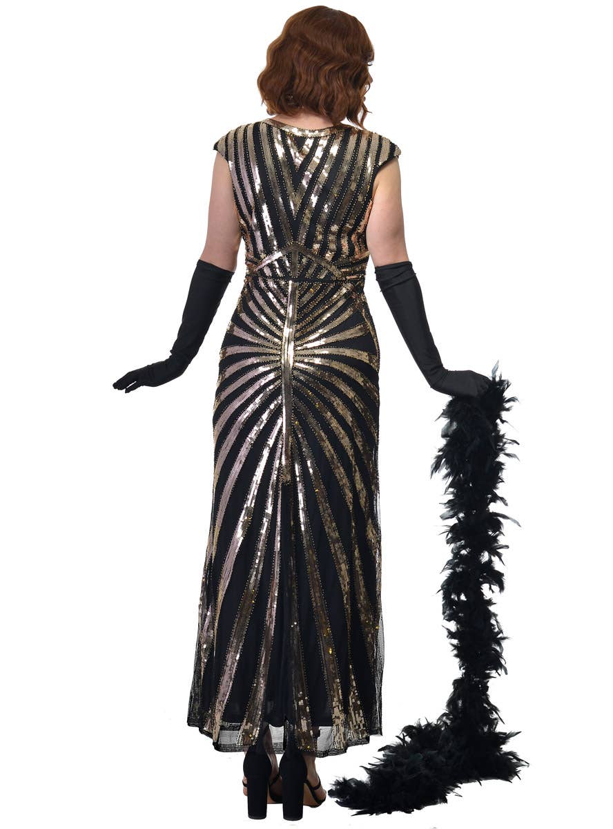 Womens Ankle Length 1930s Hollywood Movie Star Costume Dress with Black and Gold Sequins - Back Image