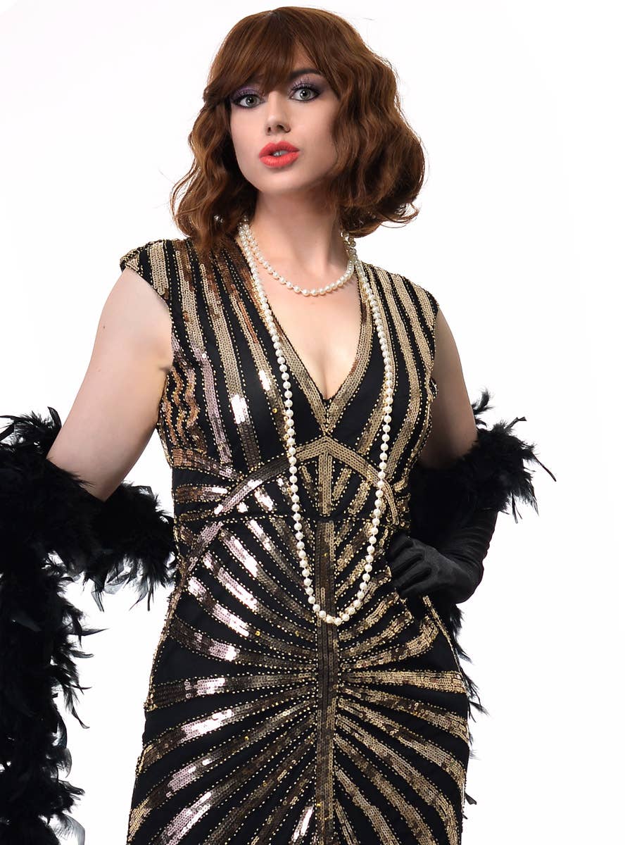 Womens Ankle Length 1930s Hollywood Movie Star Costume Dress with Black and Gold Sequins - Close Image
