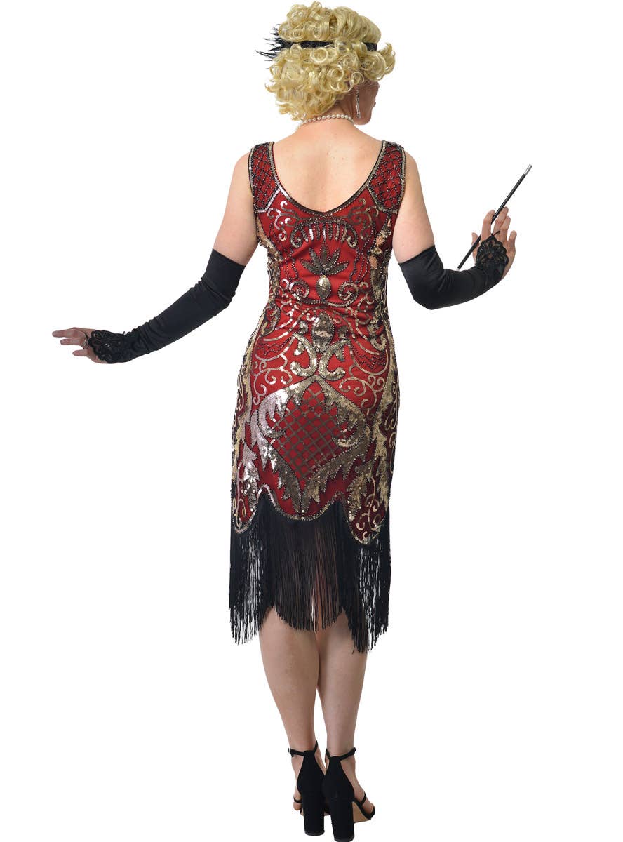 Women's Long Red Gatsby Flapper Dress With Gold Sequins and Black Fringe Trim - Back Image