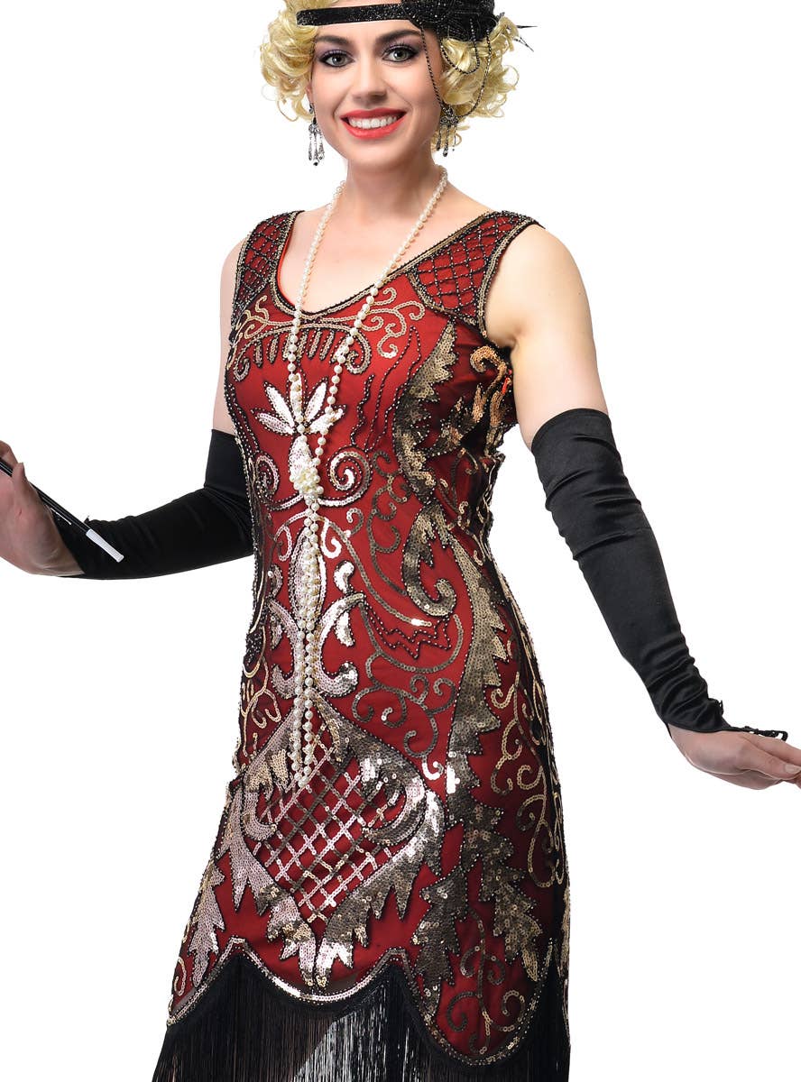 Women's Long Red Gatsby Flapper Dress With Gold Sequins and Black Fringe Trim - Close Image