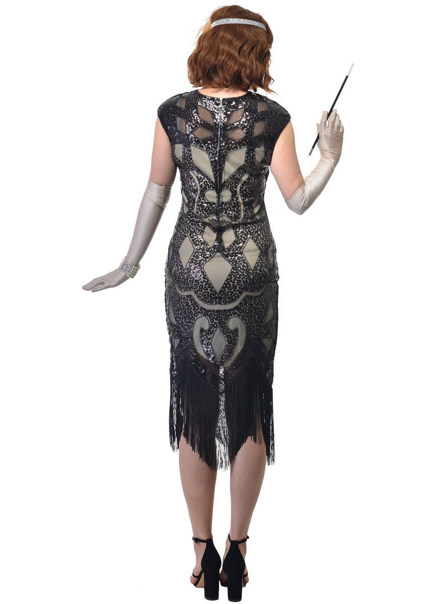 Womens Long Cream Colour Gatsby Dress with Black Overlay, Sequins and Fringing - Back Image