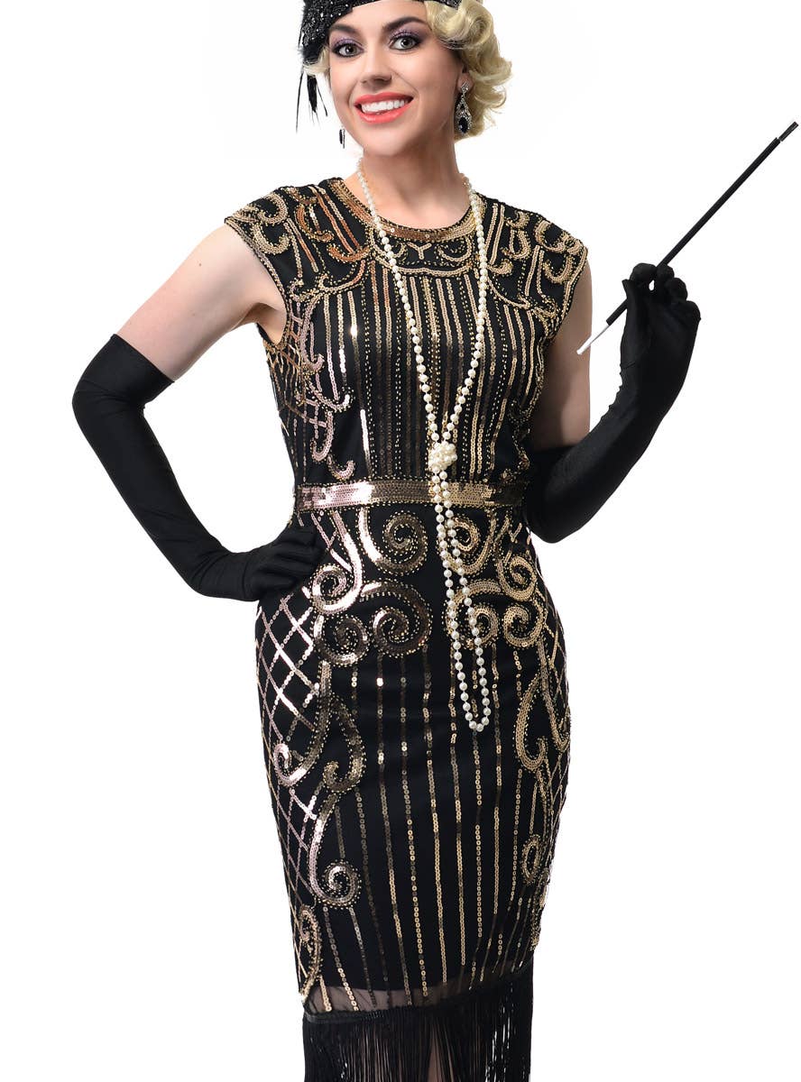 Womens Long Black Gatsby Dress With Gold Sequins and Fringing - Close Image
