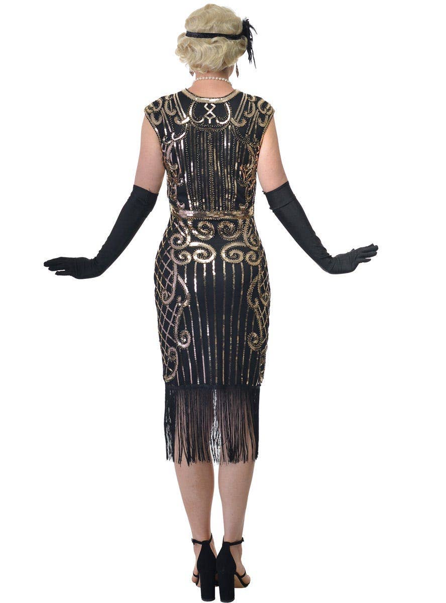 Womens Plus Size Long Black Gatsby Dress With Gold Sequins and Fringing - Back Image