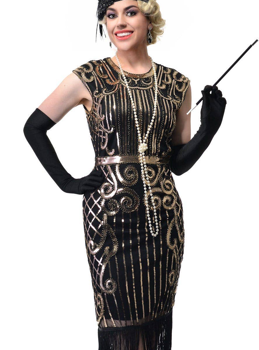 Womens Plus Size Long Black Gatsby Dress With Gold Sequins and Fringing - Close Image