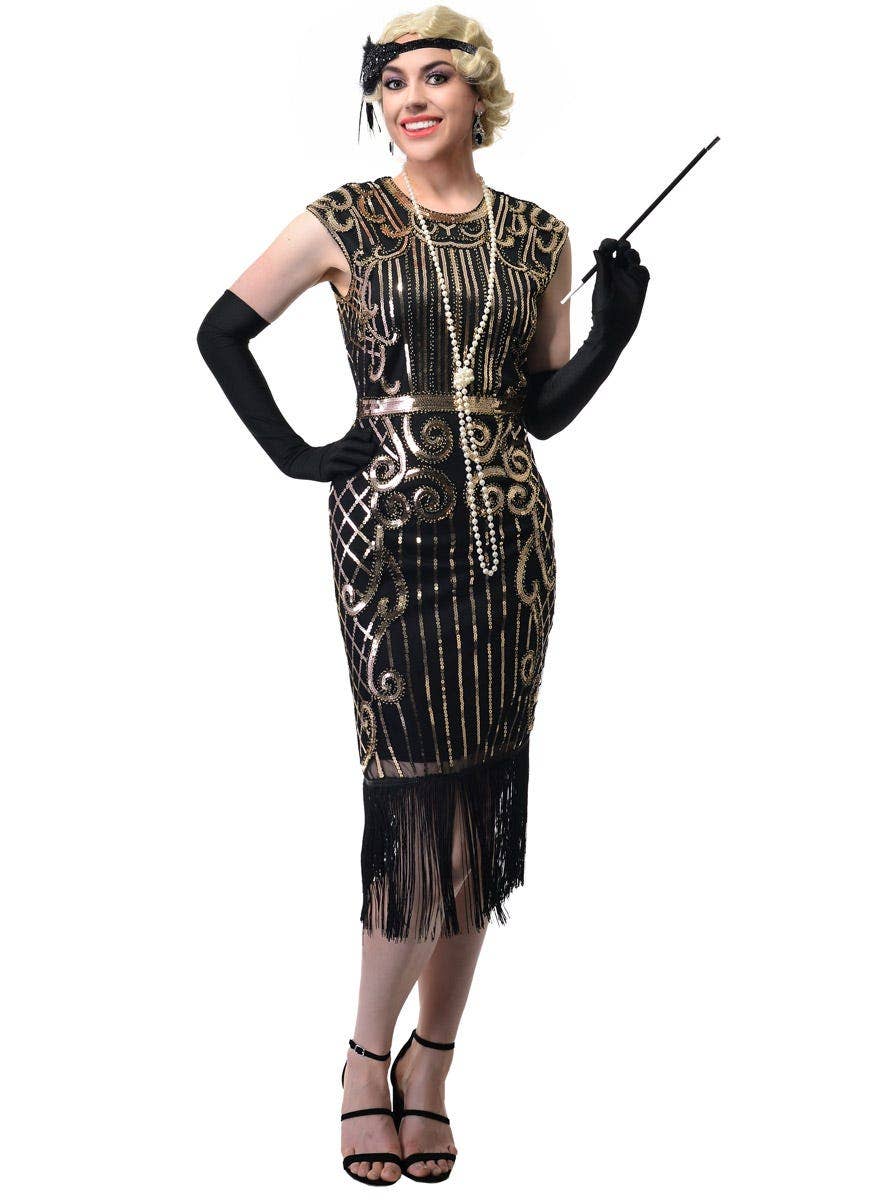 Womens Plus Size Long Black Gatsby Dress With Gold Sequins and Fringing - Front Image