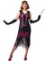 Women's Long Hot Pink Flapper Dress with Black Sequins and Fringing - Front Image