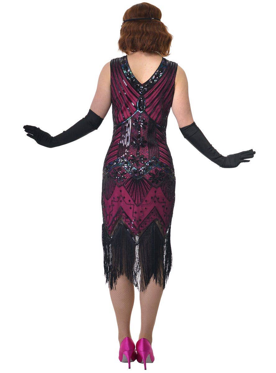 Plus Size Women's Long Hot Pink Flapper Dress with Black Sequins and Fringing - Back Image