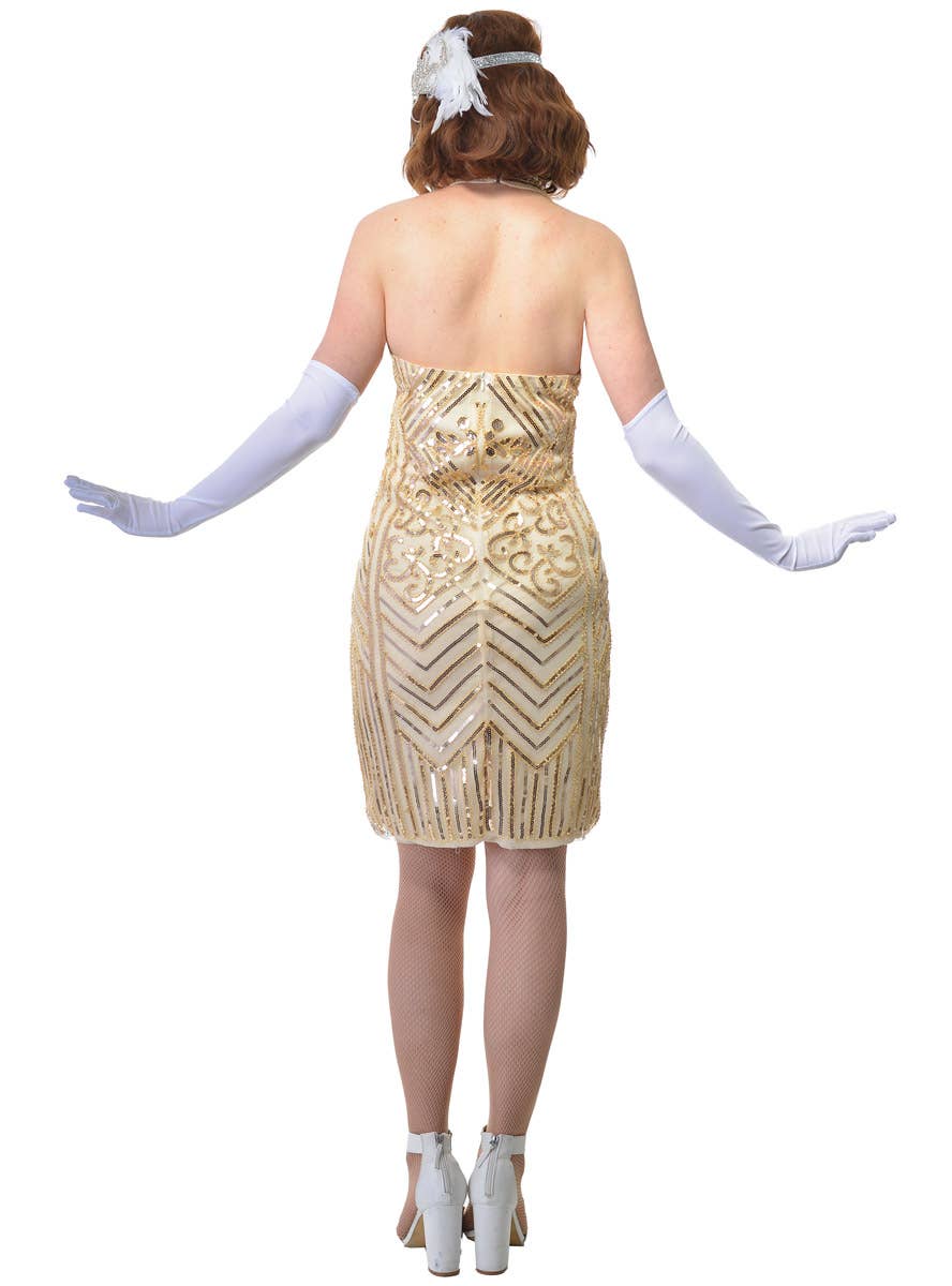 Womens Cream and Gold 1920s Gatsby Dress with Sequins and Halterneck - Back Image