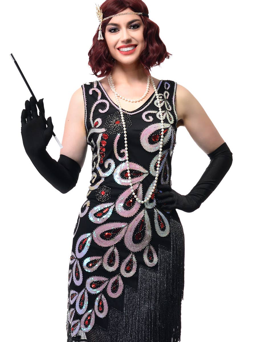 Womens Long Black 1920s Gatsby Dress with Sparkly Sequins and Asymmetrical Fringing - Close Front Image 1