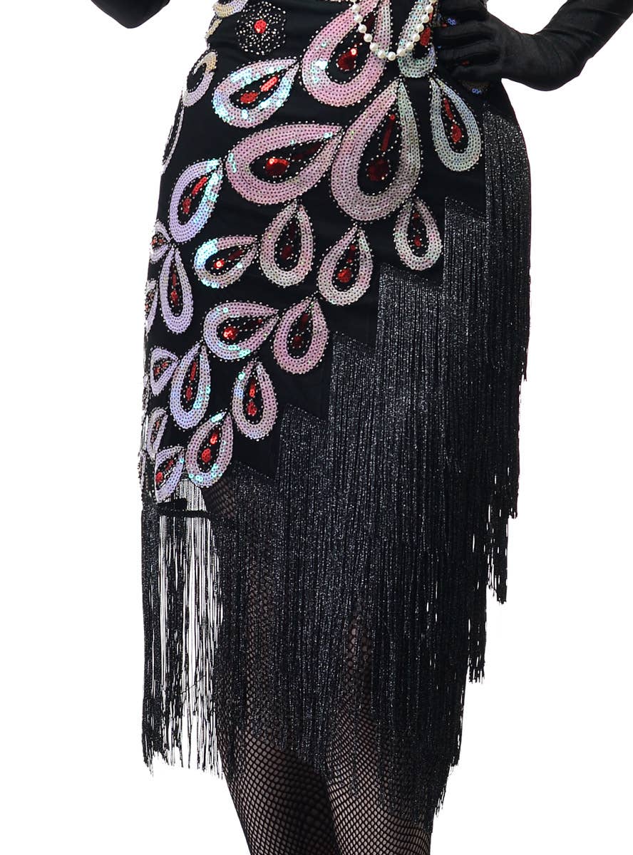 Womens Long Black 1920s Gatsby Dress with Sparkly Sequins and Asymmetrical Fringing - Close Front Image 2