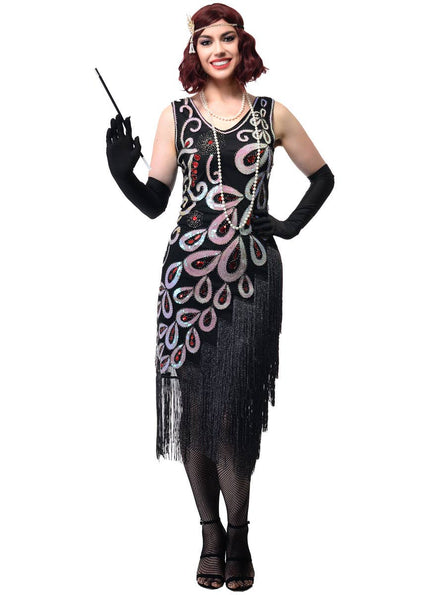 Womens Long Black 1920s Gatsby Dress with Sparkly Sequins and Asymmetrical Fringing - Front Image