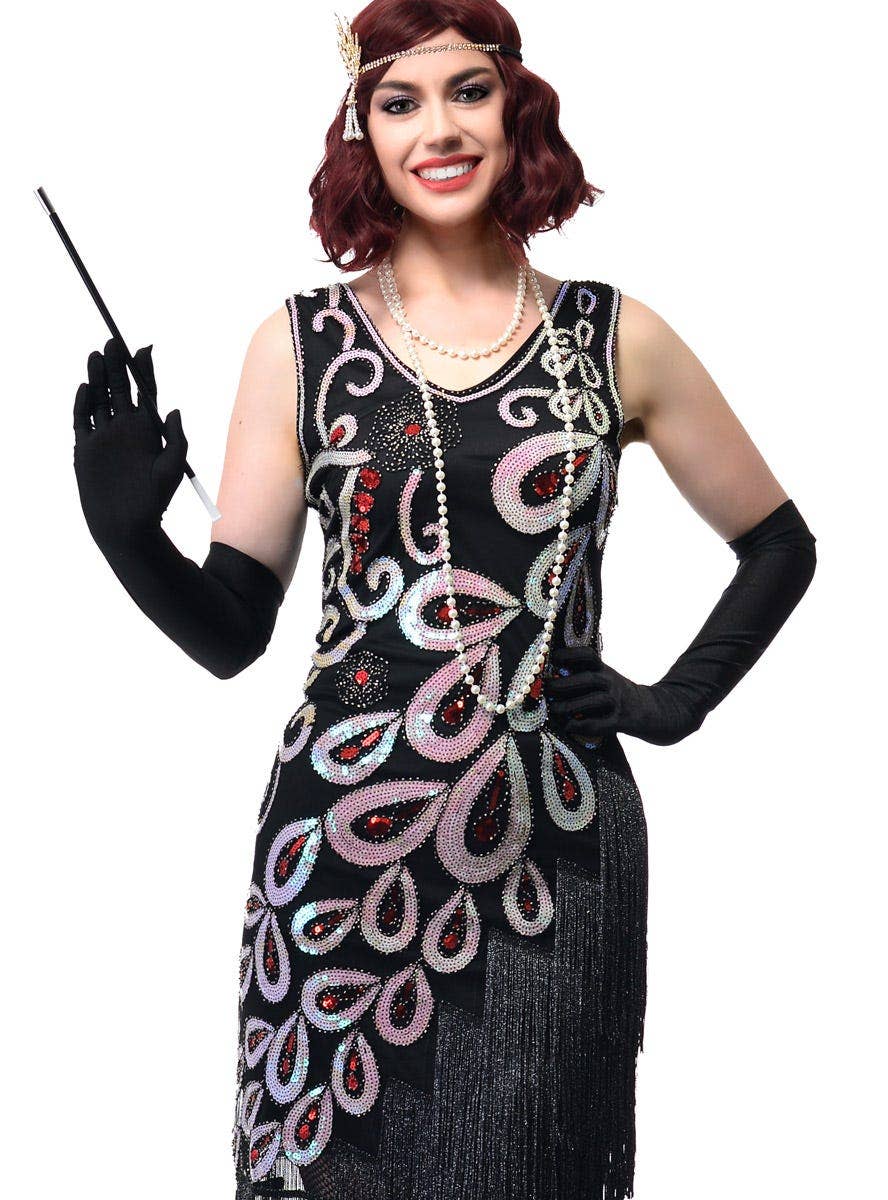 Womens Plus Size Long Black 1920s Gatsby Dress with Sparkly Sequins and Asymmetrical Fringing - Close Image