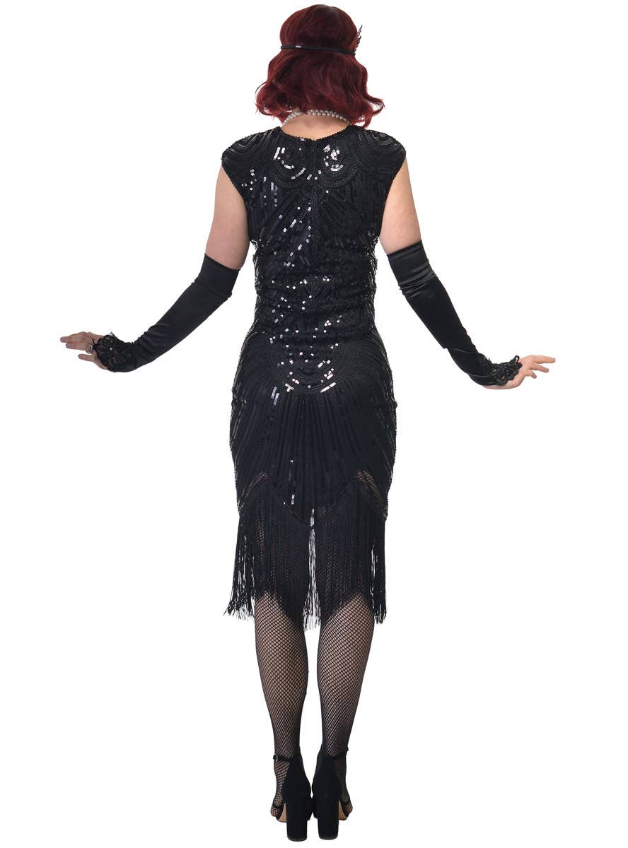 Womens Long Black 1920s Dress with Fringing and Black Sequins - Back Image