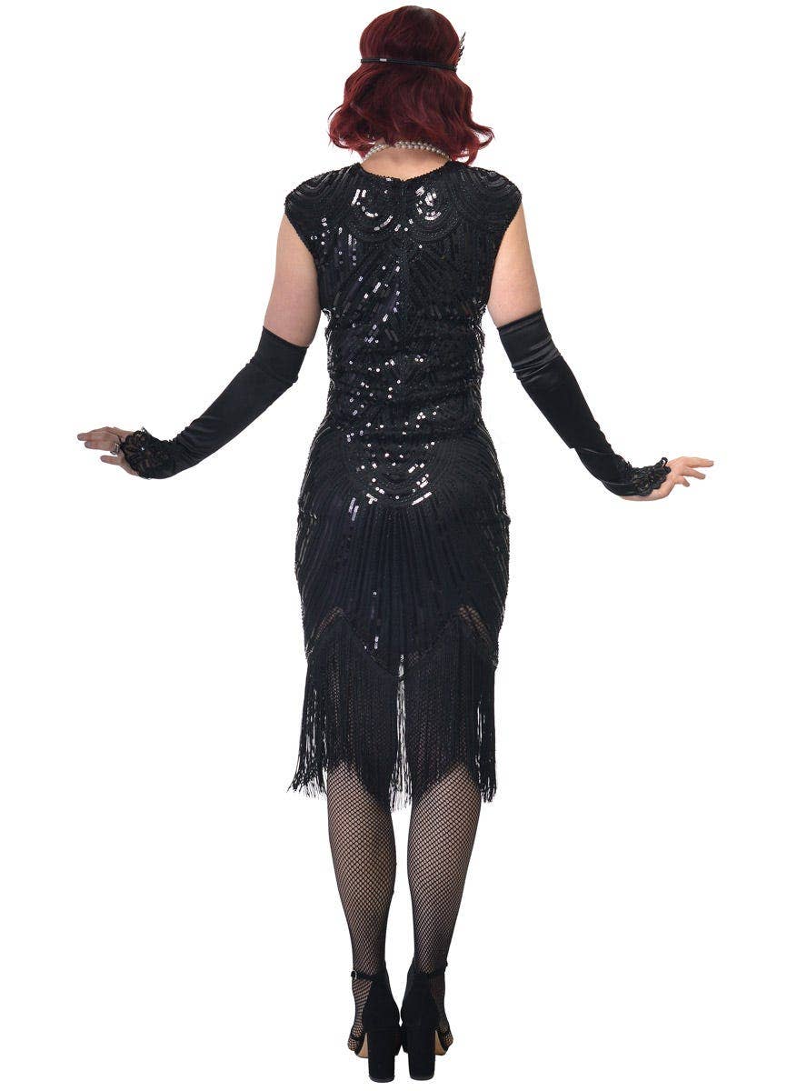 Womens Plus Size Long Black 1920s Dress with Fringing and Black Sequins - Back Image