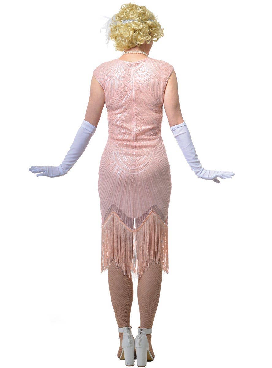 Plus Size Womens Pink Gatsby Costume Dress with Matte Pink Sequins and Fringing - Back Image