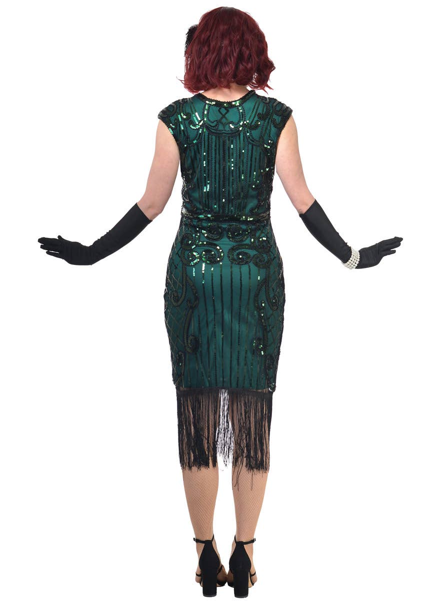 Womens Green Costume Gatsby Dress with Green Sequins and Black Beading - Back Image