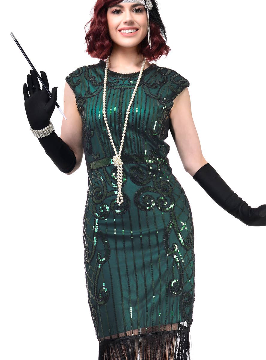 Womens Green Costume Gatsby Dress with Green Sequins and Black Beading - Close Front Image