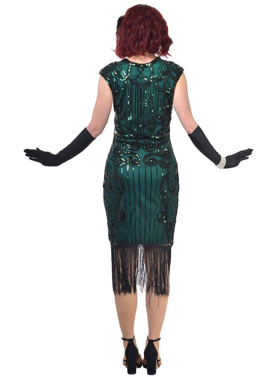 Womens Plus Size Green Costume Gatsby Dress with Green Sequins and Black Beading - Back Image