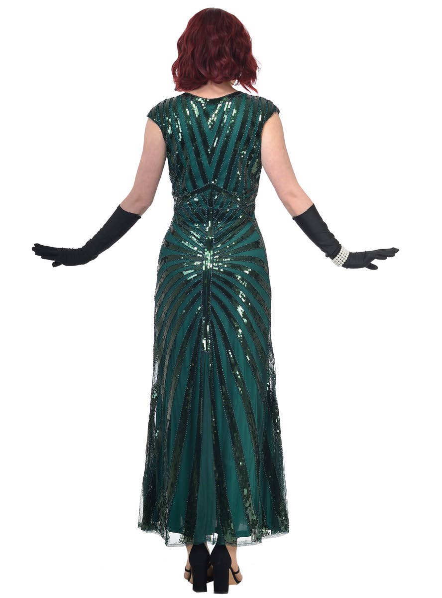 Womens Long 1930s Style Hollywood Dress with Green Sequins and Beads - Back Image