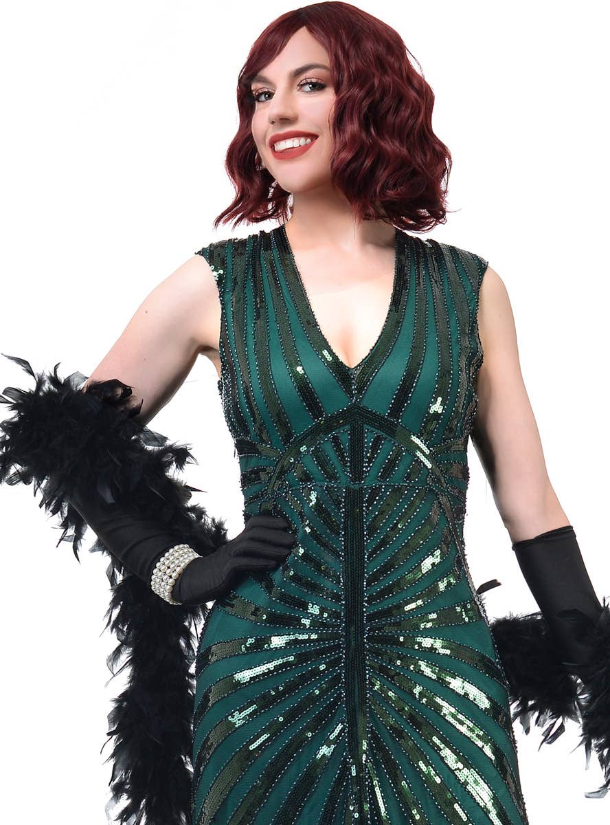 Womens Long 1930s Style Hollywood Dress with Green Sequins and Beads - Close Front Image