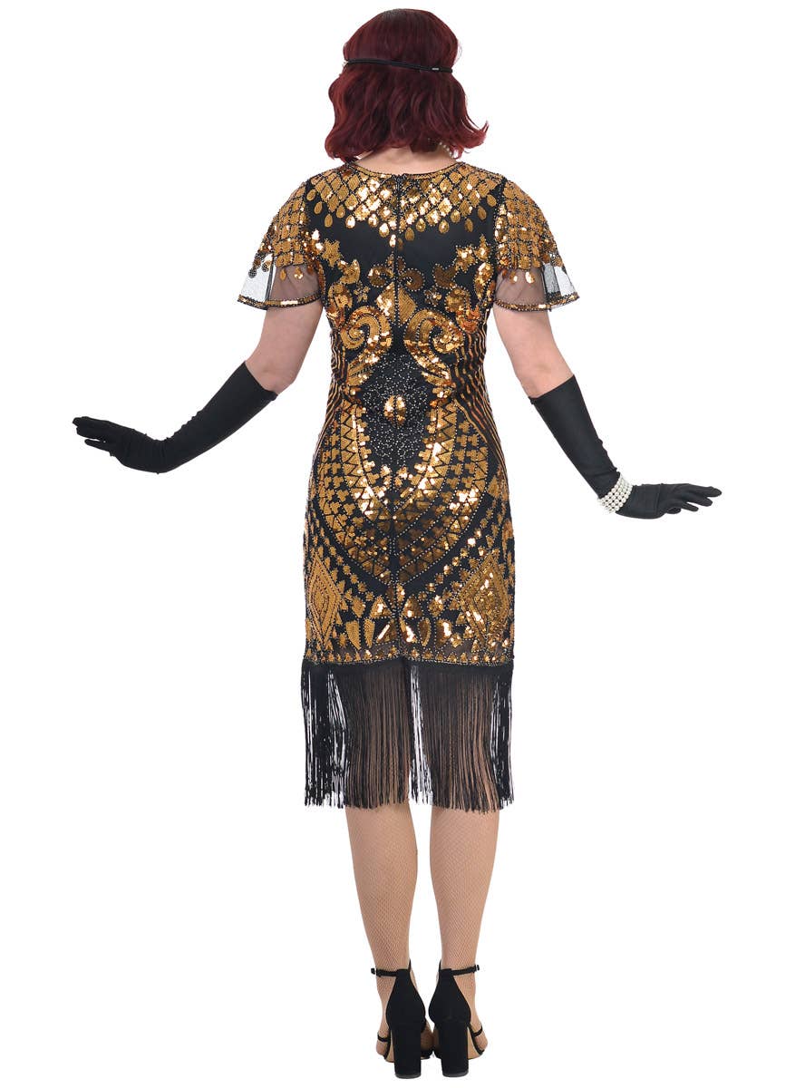 Womens Black Gatsby Costume Dress with Extravagant Gold Sequins and Mesh Cap Sleeves - Back Image