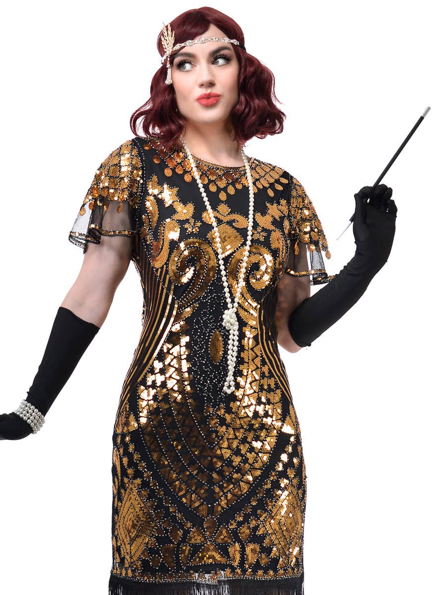 Womens Black Gatsby Costume Dress with Extravagant Gold Sequins and Mesh Cap Sleeves - Close Front Image