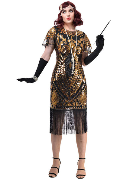 Womens Black Gatsby Costume Dress with Extravagant Gold Sequins and Mesh Cap Sleeves - Front Image