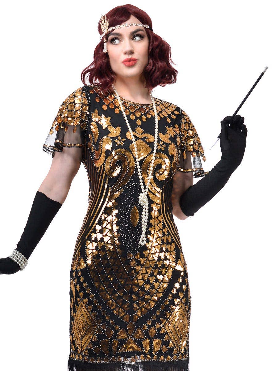 Womens Plus Size Black Gatsby Costume Dress with Extravagant Gold Sequins and Mesh Cap Sleeves - Close Image