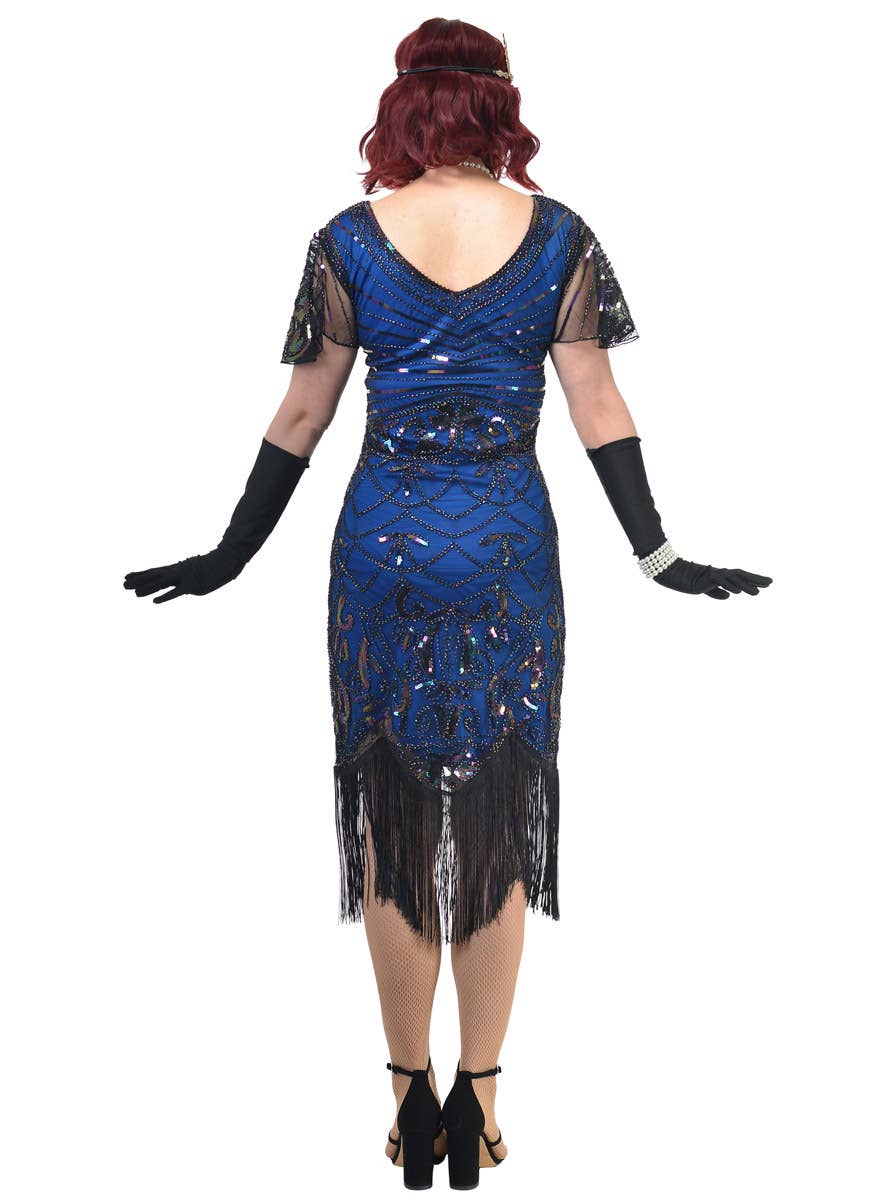 Plus Size Womens Blue and Black Gatsby Dress with Iridescent Sequins and Flutter Sleeve - Back Image