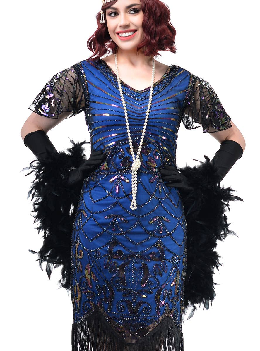 Plus Size Womens Blue and Black Gatsby Dress with Iridescent Sequins and Flutter Sleeve - Close Image
