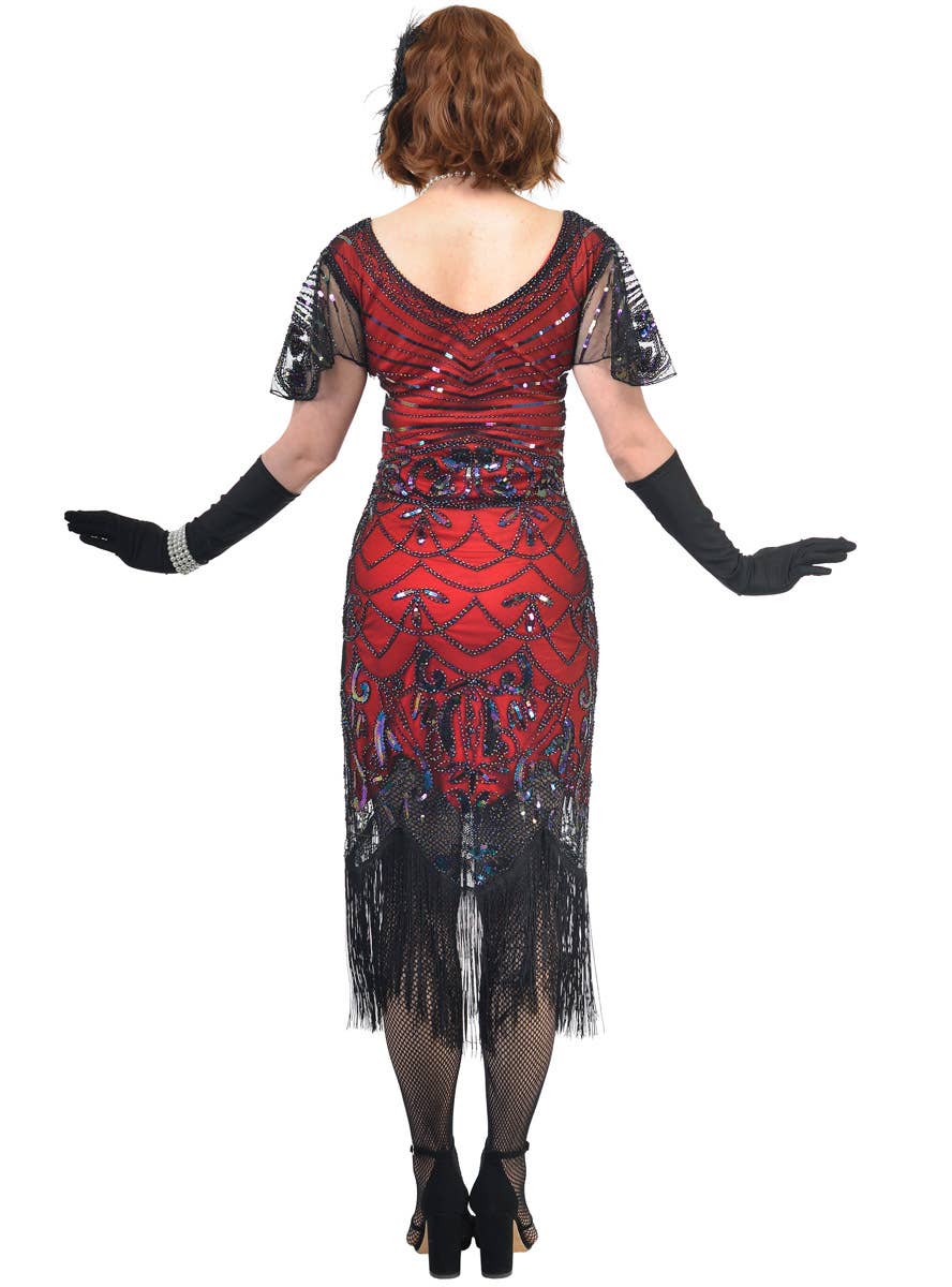 Womens Red and Black Gatsby Dress with Iridescent Sequins and Flutter Sleeve - Back Image