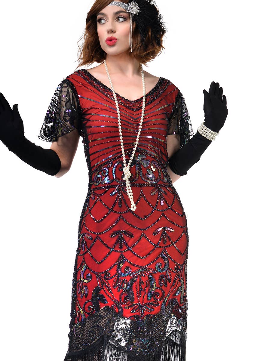 Womens Red and Black Gatsby Dress with Iridescent Sequins and Flutter Sleeve - Close Image