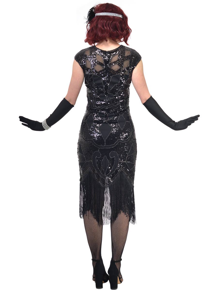 Womens Long Black Gatsby Dress with Fringing, Cap Sleeves and Black Sequins - Back Image